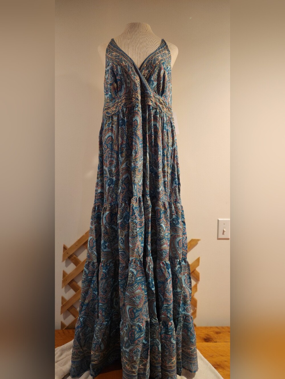 White Waves Bohemian Tiered Paisley Maxi Skirt - Blue Multi